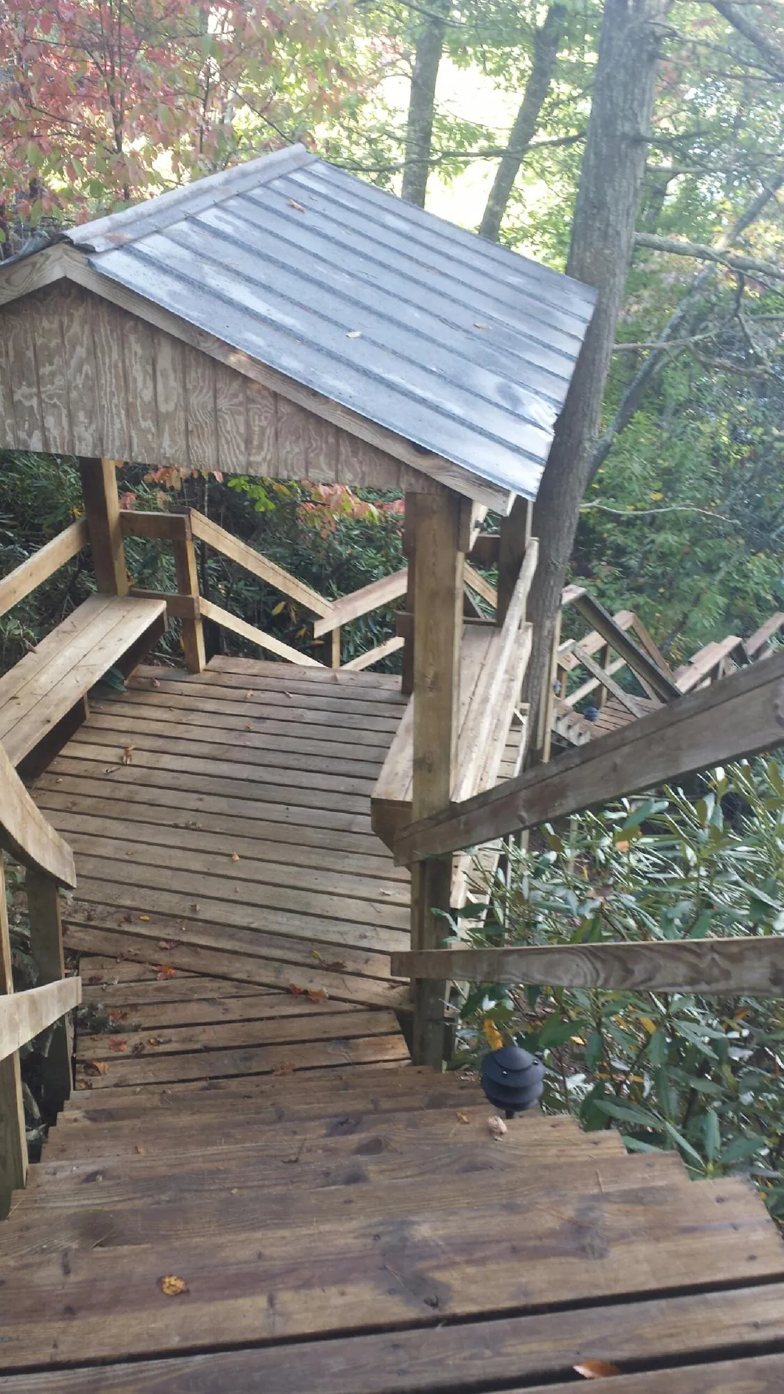 Metal roofed shelter over wooden steps on a wooded walkway — Skylight Repair & Installation work by our crew in Hill